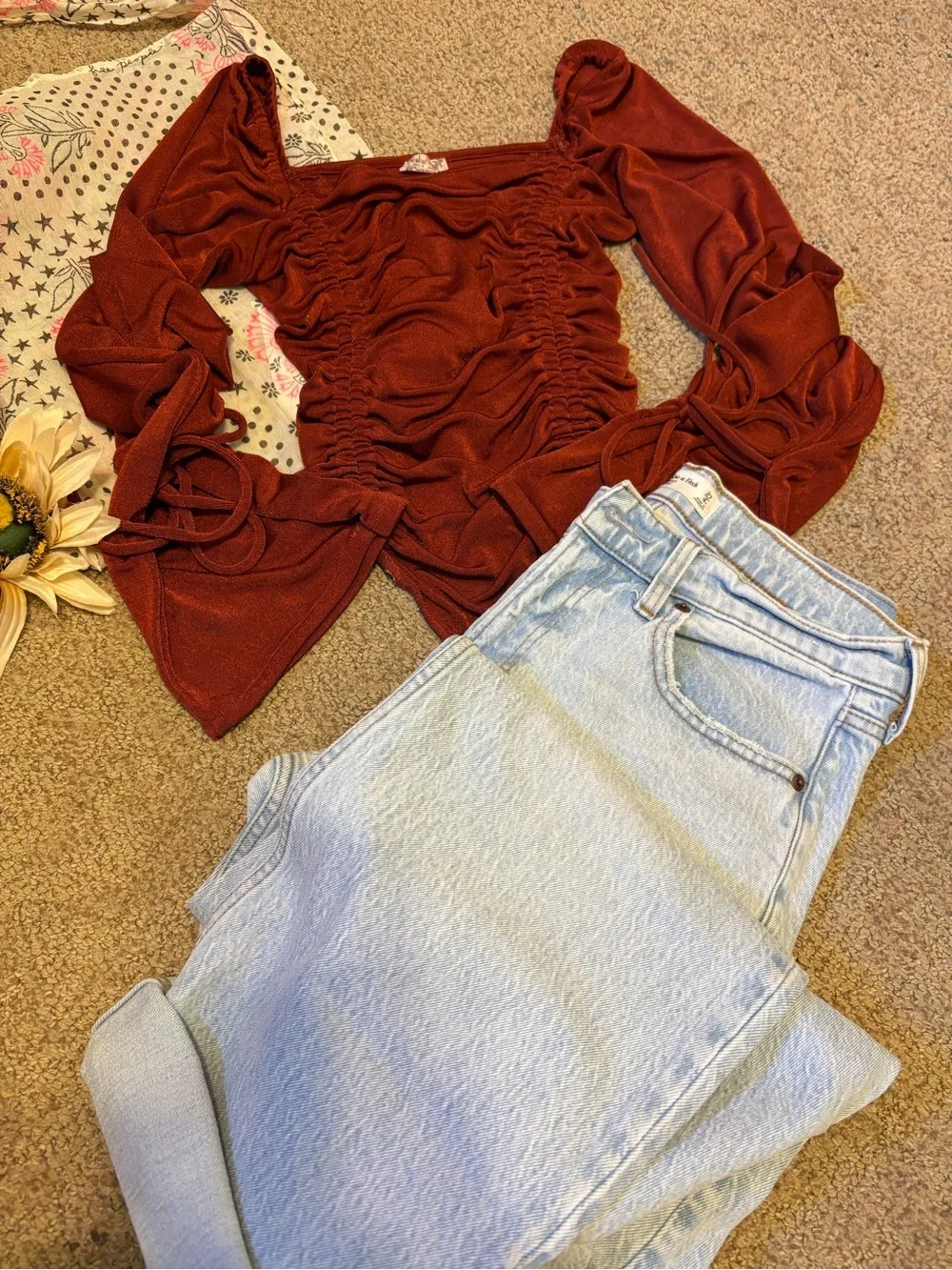 Free People Rust Long-Sleeve Ruched Bodysuit